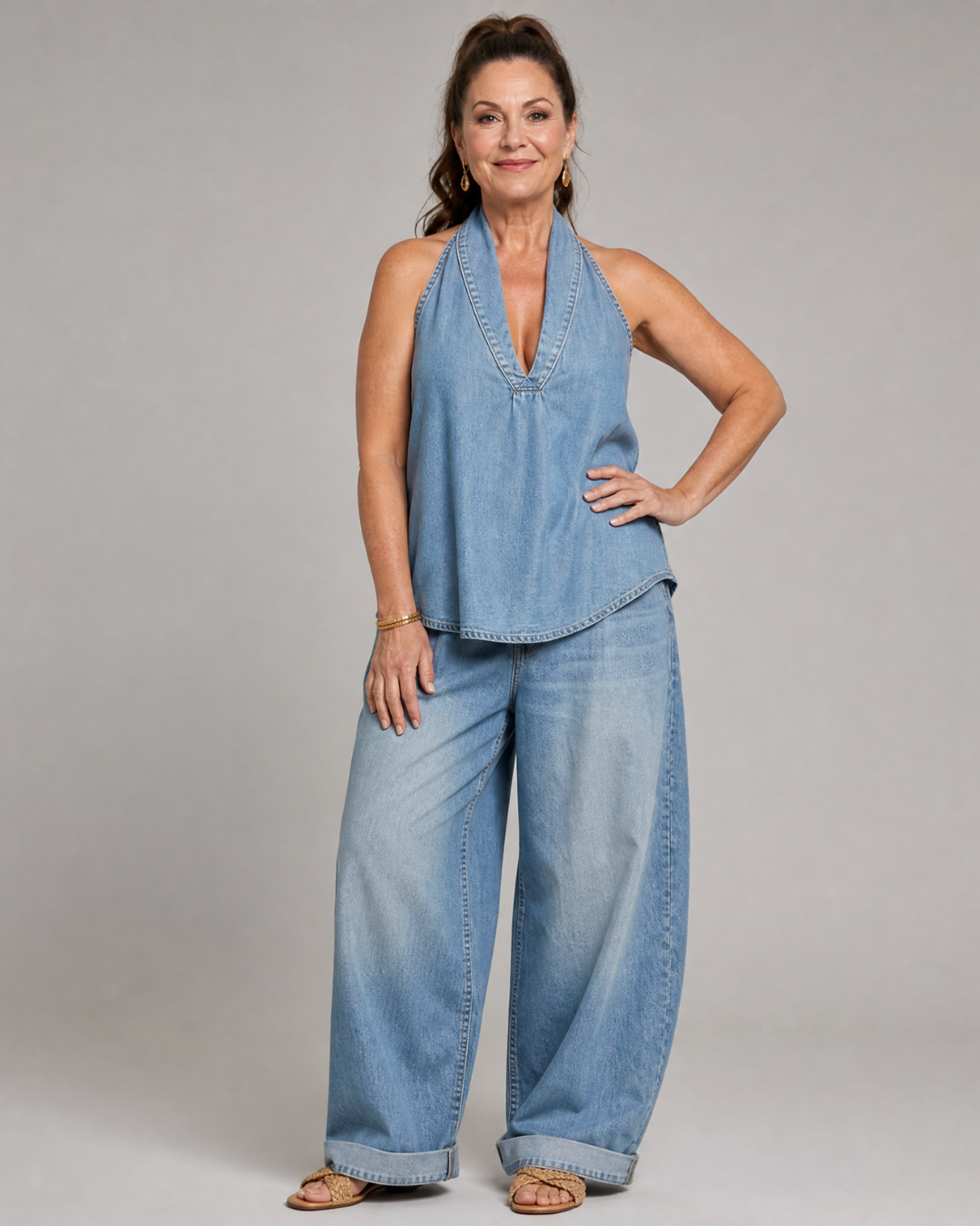 Zorelle | Ensemble Top en Jean à Col Halter et Pantalon Large