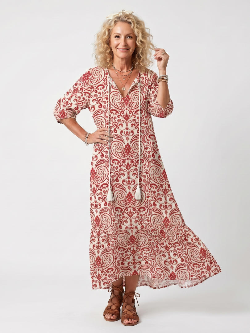Noelle | Robe midi à imprimé orné avec lien à frange