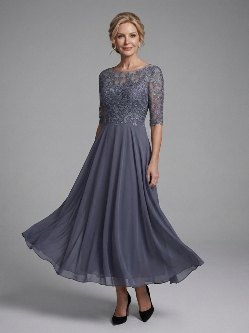 Olivine | Robe Midi à Corsage en Dentelle et Manches Transparentes