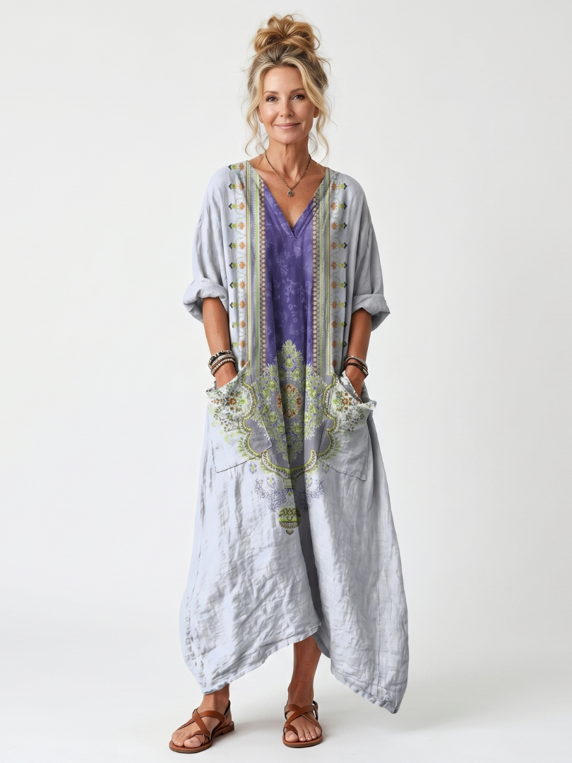 Raina | Robe midi oversize à poches avec panneau contrasté brodé