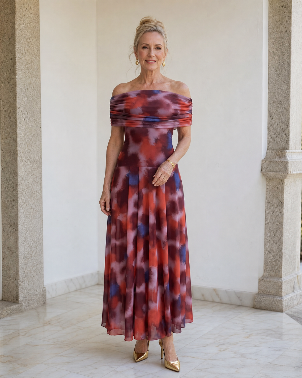 Violla | Robe Midi Fluide Imprimé Aquarelle Sans Épaules