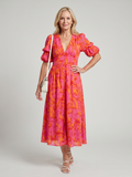 Zarelle | Robe Midi à Imprimé Floral Audacieux avec Manches Bouffantes en V