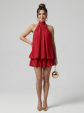 Hadley | Robe Mini à Encolure Haute en Chiffon Superposé avec Ourlet Évasé