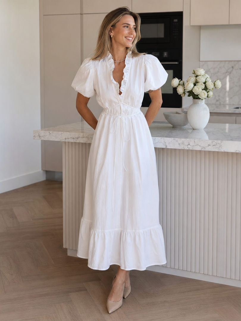 Okea | Robe midi à manches bouffantes courtes avec ceinture à la taille