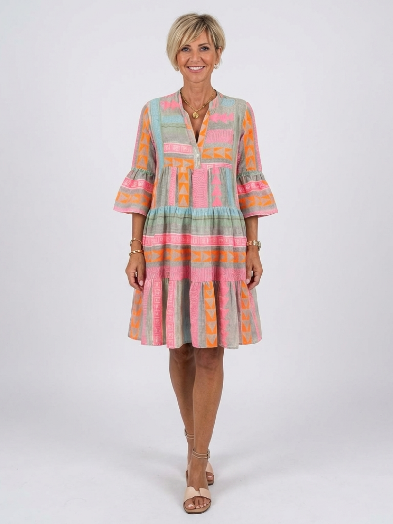 Maelle | Robe à manches tiered avec imprimé géométrique et décolleté en V