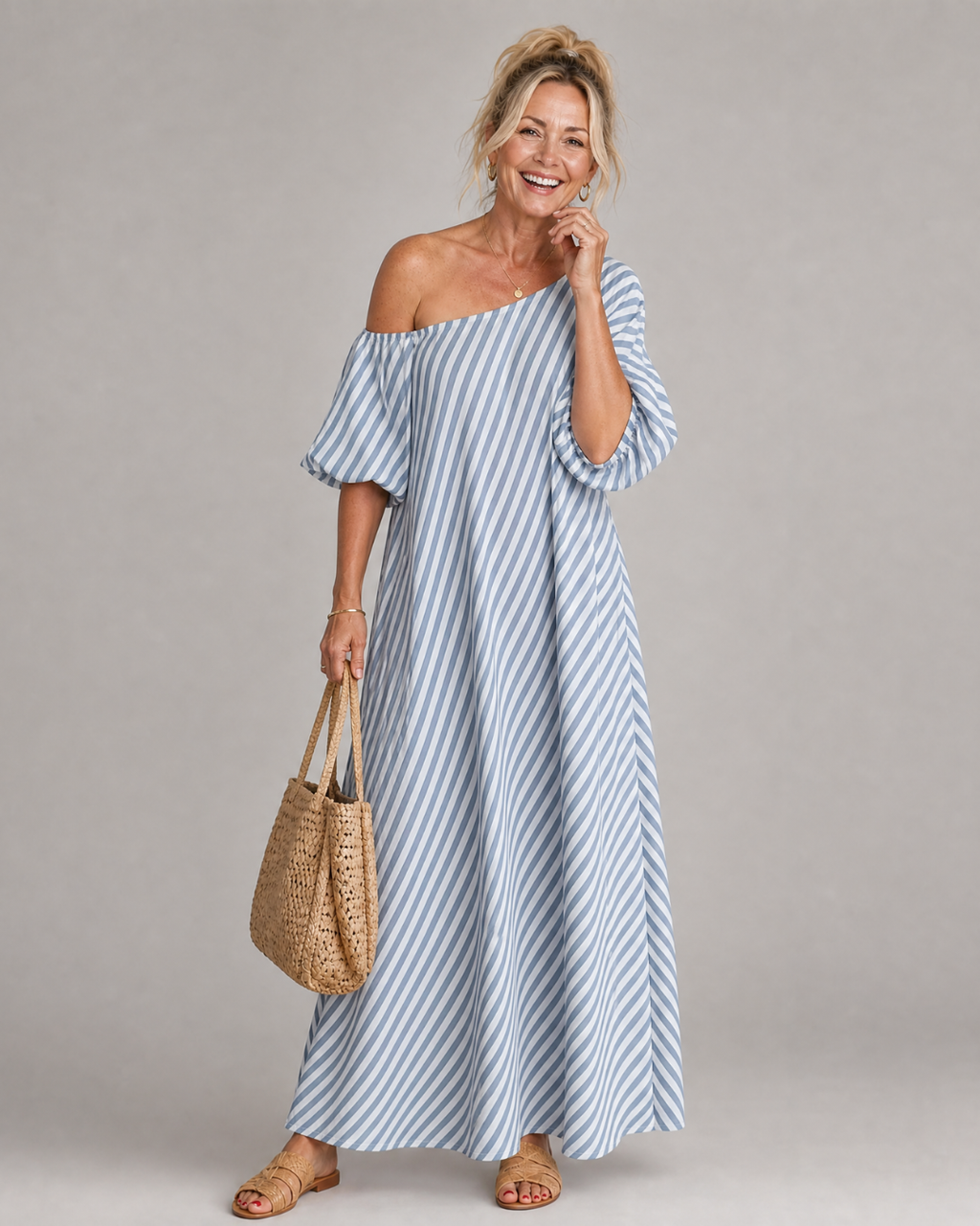 Zamrina | Robe Midi à Manches Bouffantes Rayée Décolleté Bardot