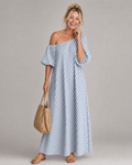 Zamrina | Robe Midi à Manches Bouffantes Rayée Décolleté Bardot