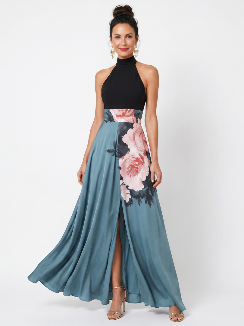 Olympas | Robe Maxi à Buste Halter et Jupe Florale
