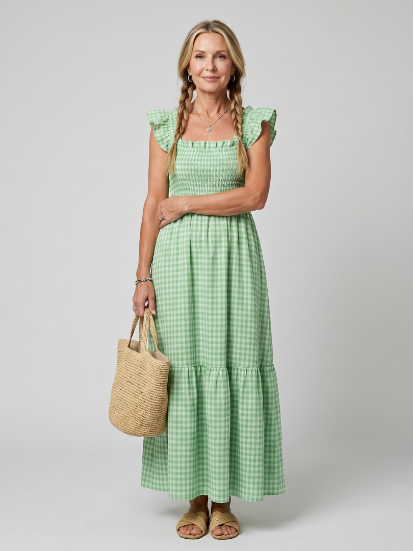Verity | Robe midi à encolure carrée sans manches à motif vichy