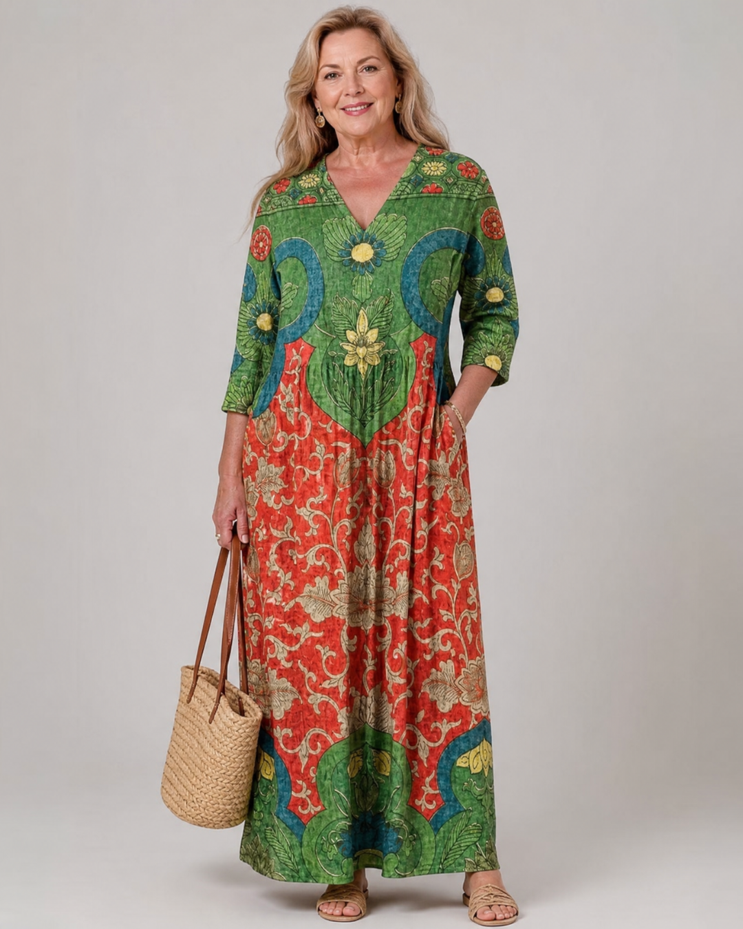 Zeloria | Robe Midi Relaxed à Manches Trois Quarts avec Imprimé Vintage Abstrait