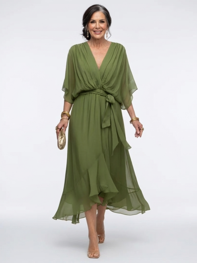 Elysia | Robe Midi Drapée à Décolleté en V avec Ceinture