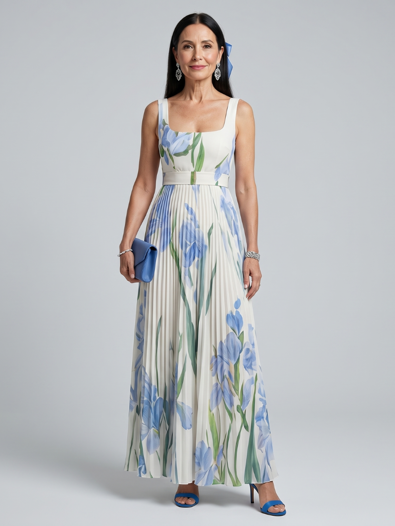 Ophelia | Robe midi à imprimé floral sans manches et décolleté carré