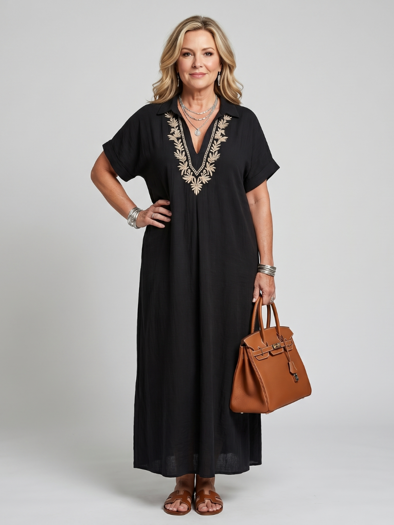 Calluna | Robe Midi à Manches Courtes en V avec Détails Brodés