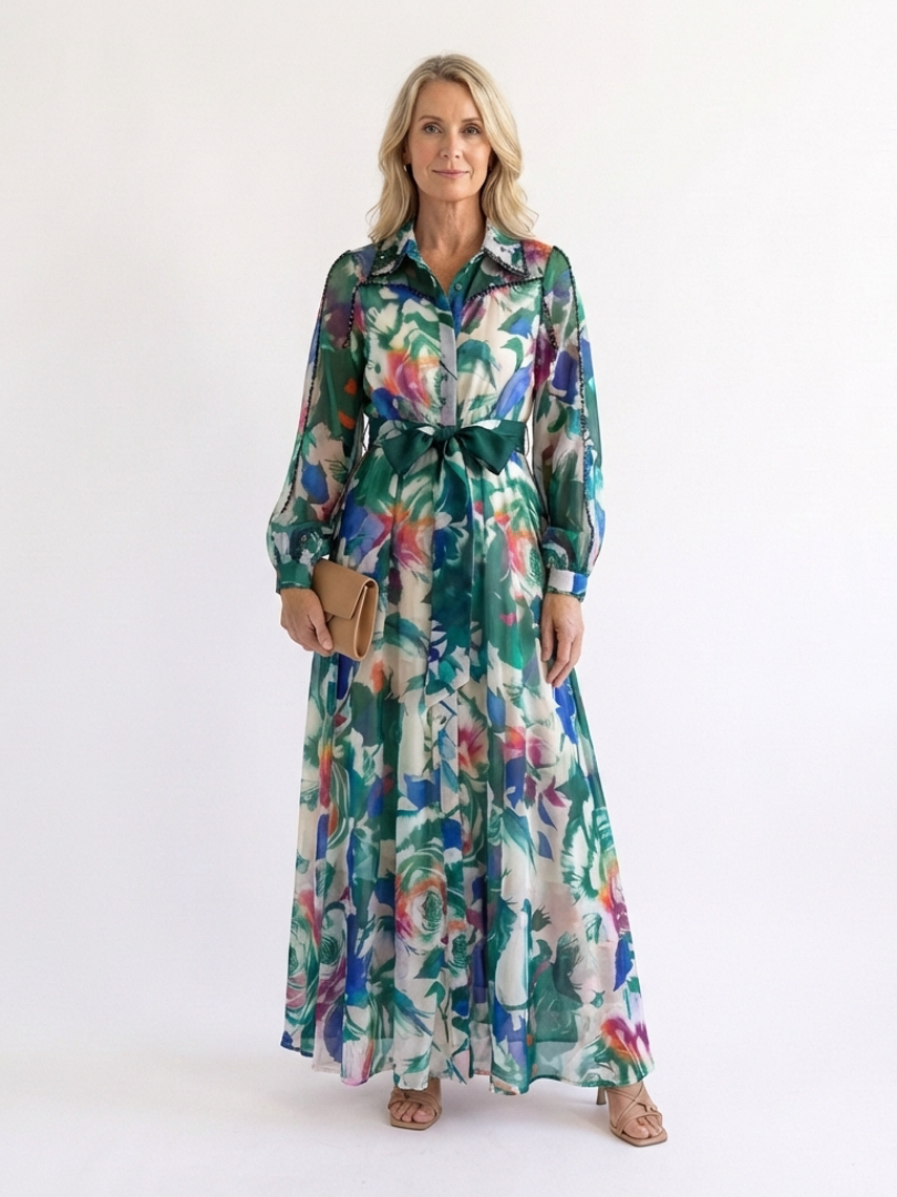 Carolina | Robe Maxi Imprimée à Manches Longues et Ceinture