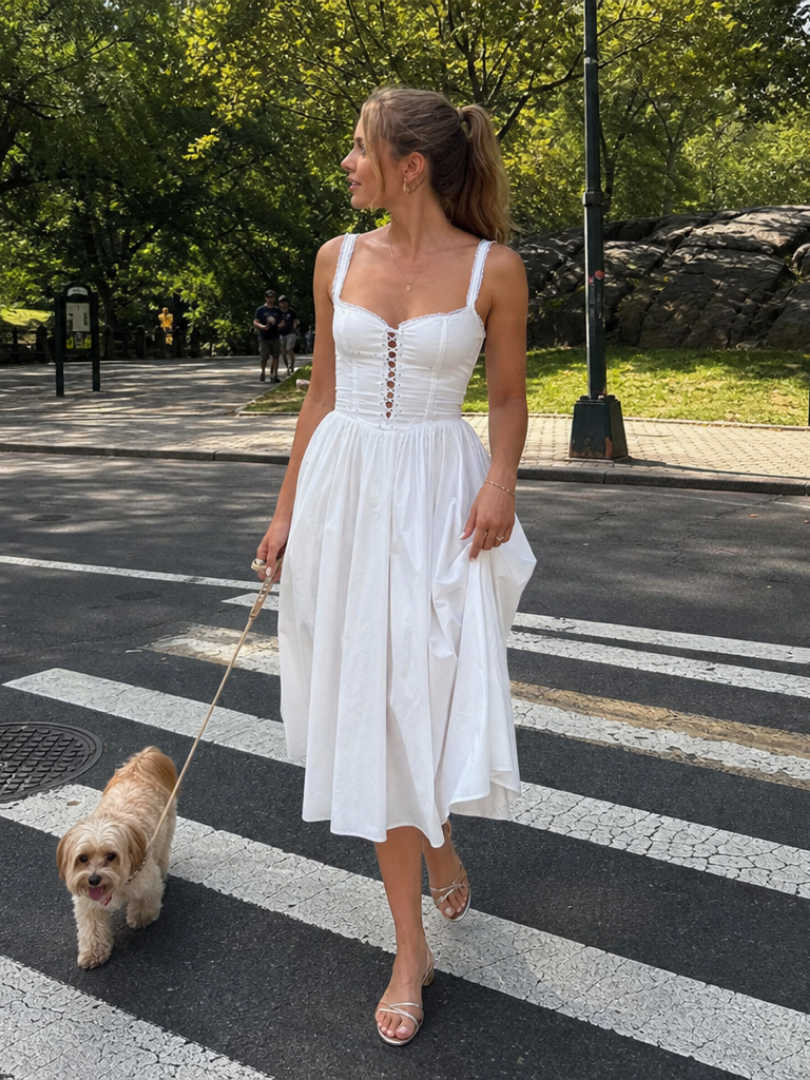 Neime | Robe midi à bretelles et jupe évasée avec boutons