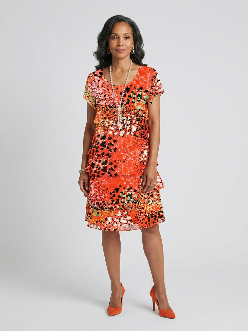 Evania | Robe à manches courtes de longueur genou à motif éparpillé