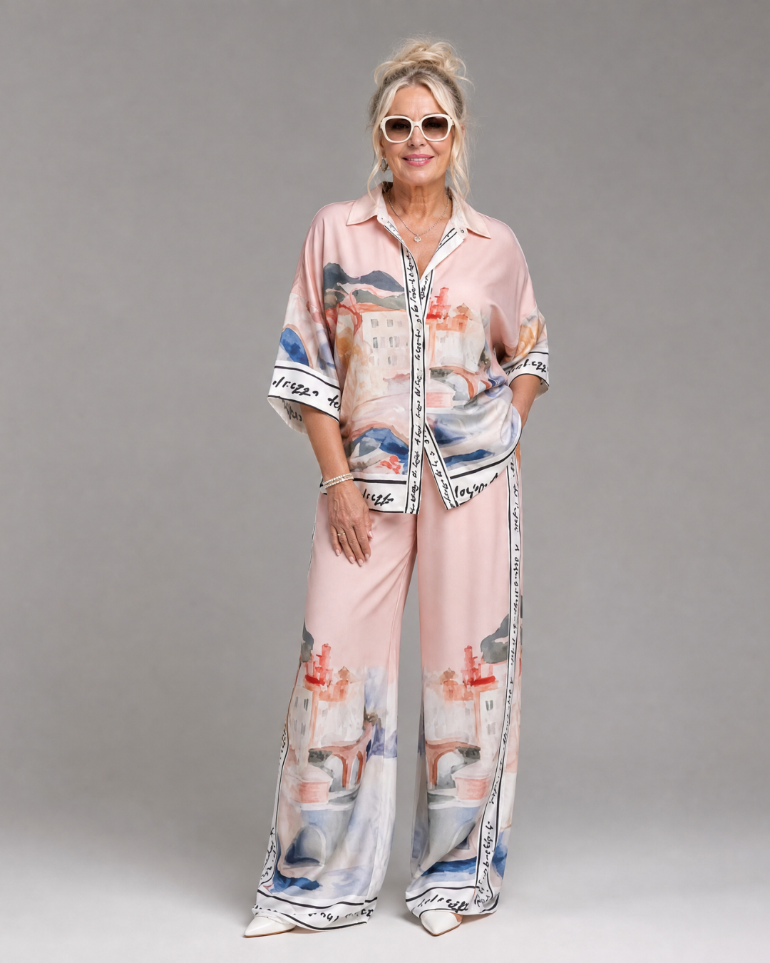Akela | Chemise à Boutons Imprimée Scénique et Ensemble Pantalon Large
