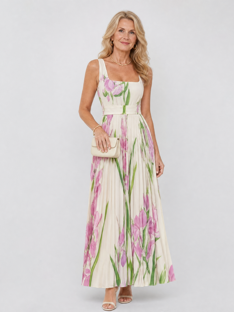 Vimele | Robe Midi Sans Manches à Encolure Carrée Plissée