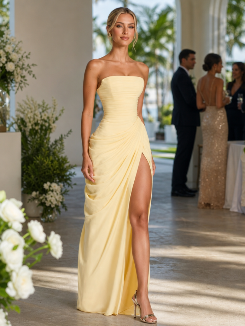 Ishra | Robe Maxi Sans Bretelles avec Fente Latérale Haute