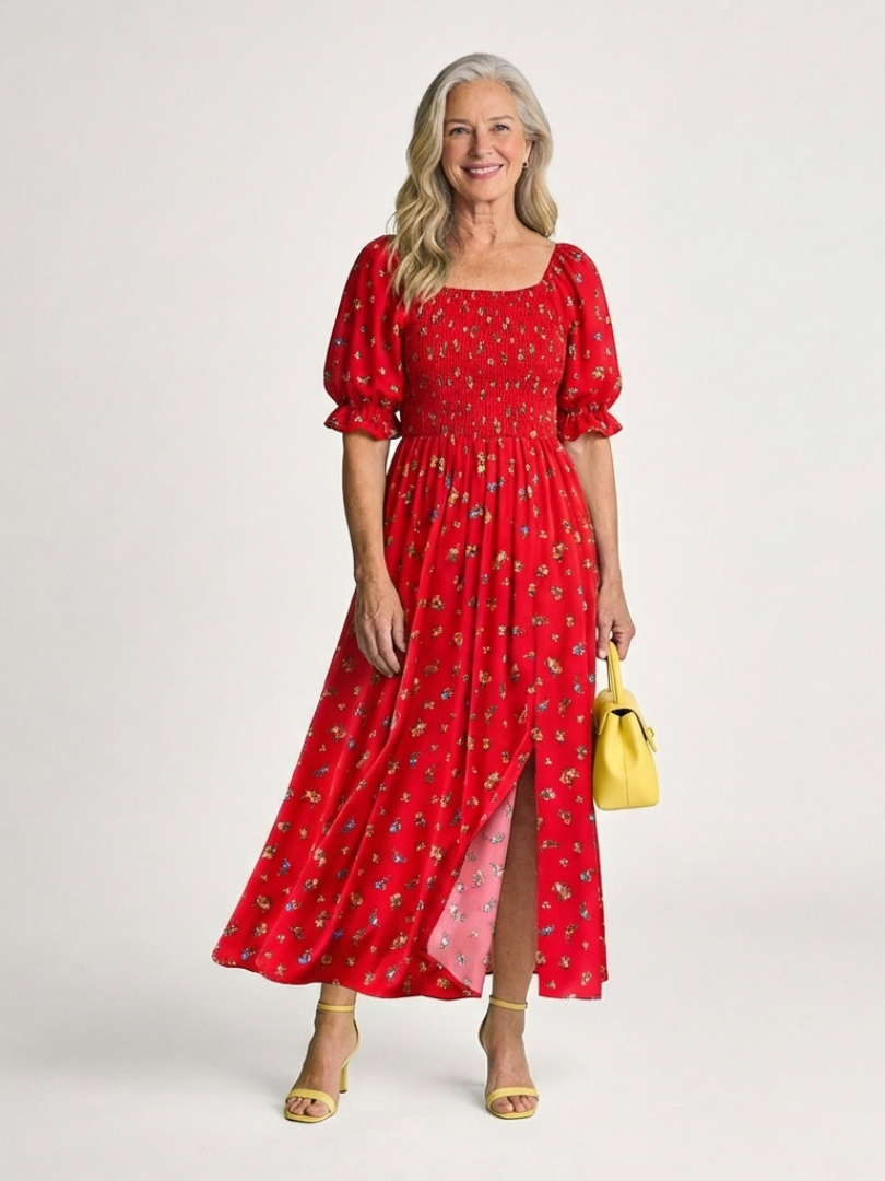Delphine | Robe Midi à Encolure Carrée et Manches Bouffantes Florales