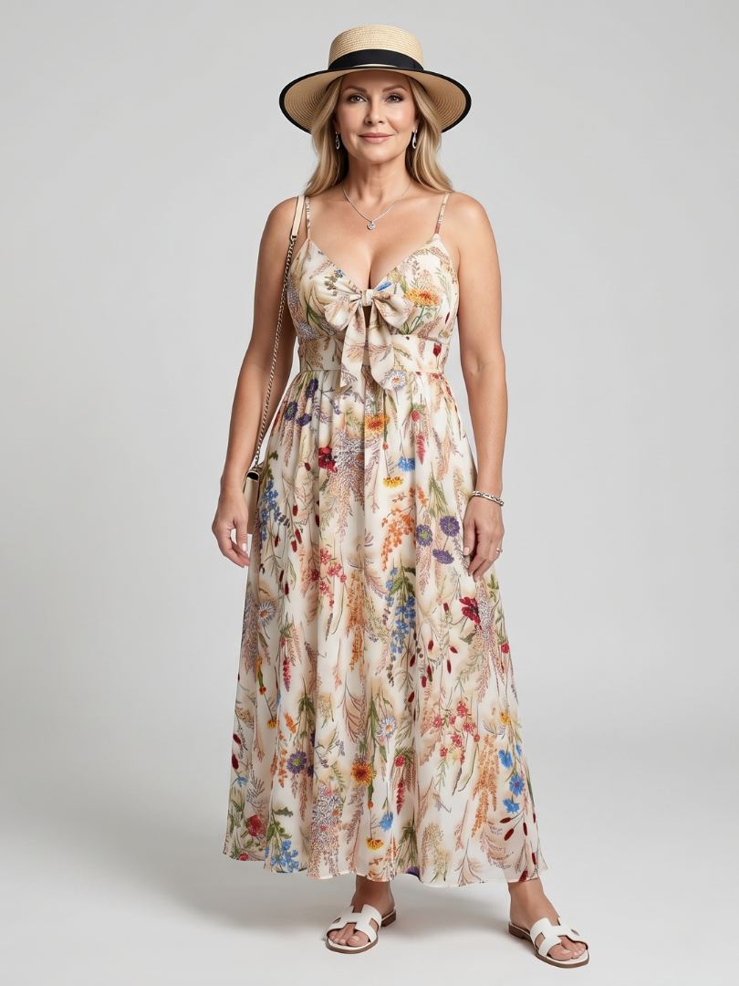 Teresina | Robe Midi à Bretelles Spaghetti avec Taille Rassemblée