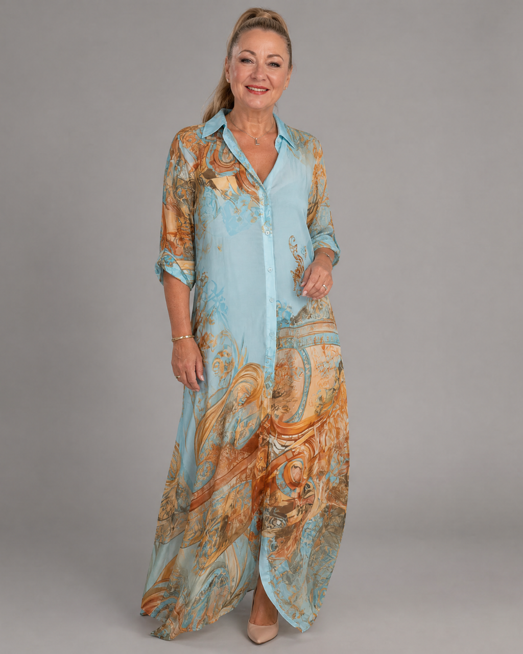 Azmira | Robe Maxi Fluide à Imprimé Baroque avec Boutonnage