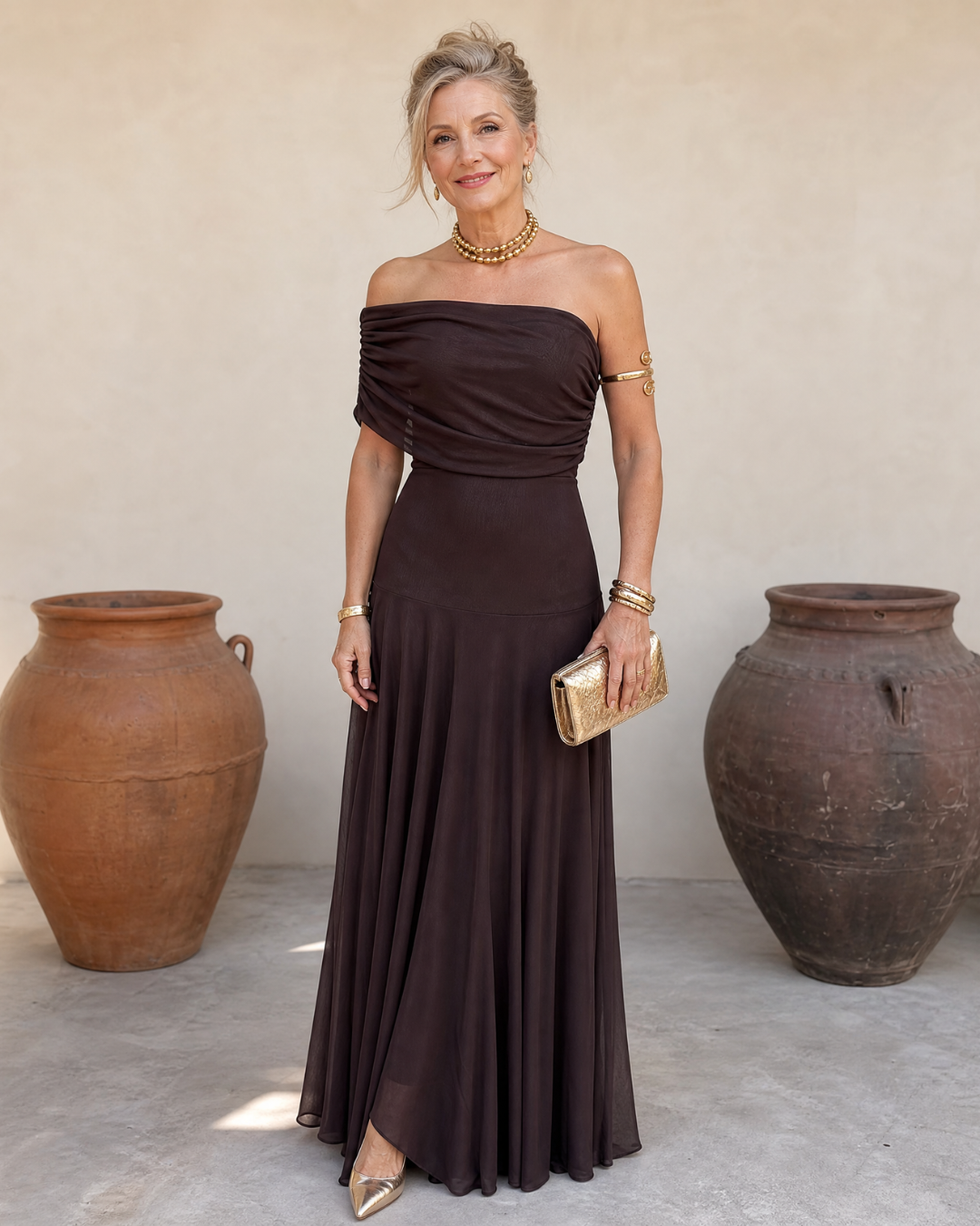 Valerinne | Robe Maxi Fluide avec Corsage Drapé et Épaules Nues