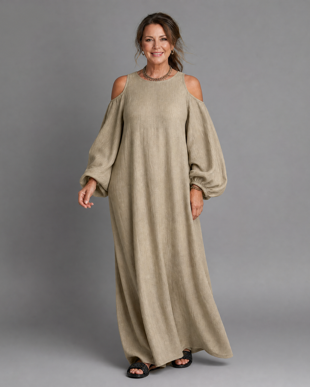 Sylphine | Robe Maxi Décontractée à Épaules Dénudées et Manches Bouffantes
