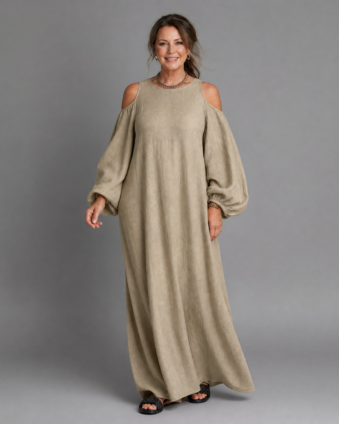 Sylphine | Robe Maxi Décontractée à Épaules Dénudées et Manches Bouffantes