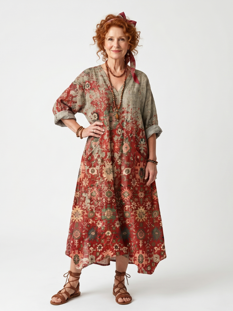 Safran | Robe Midi Détente à Poches à Motifs Mixtes