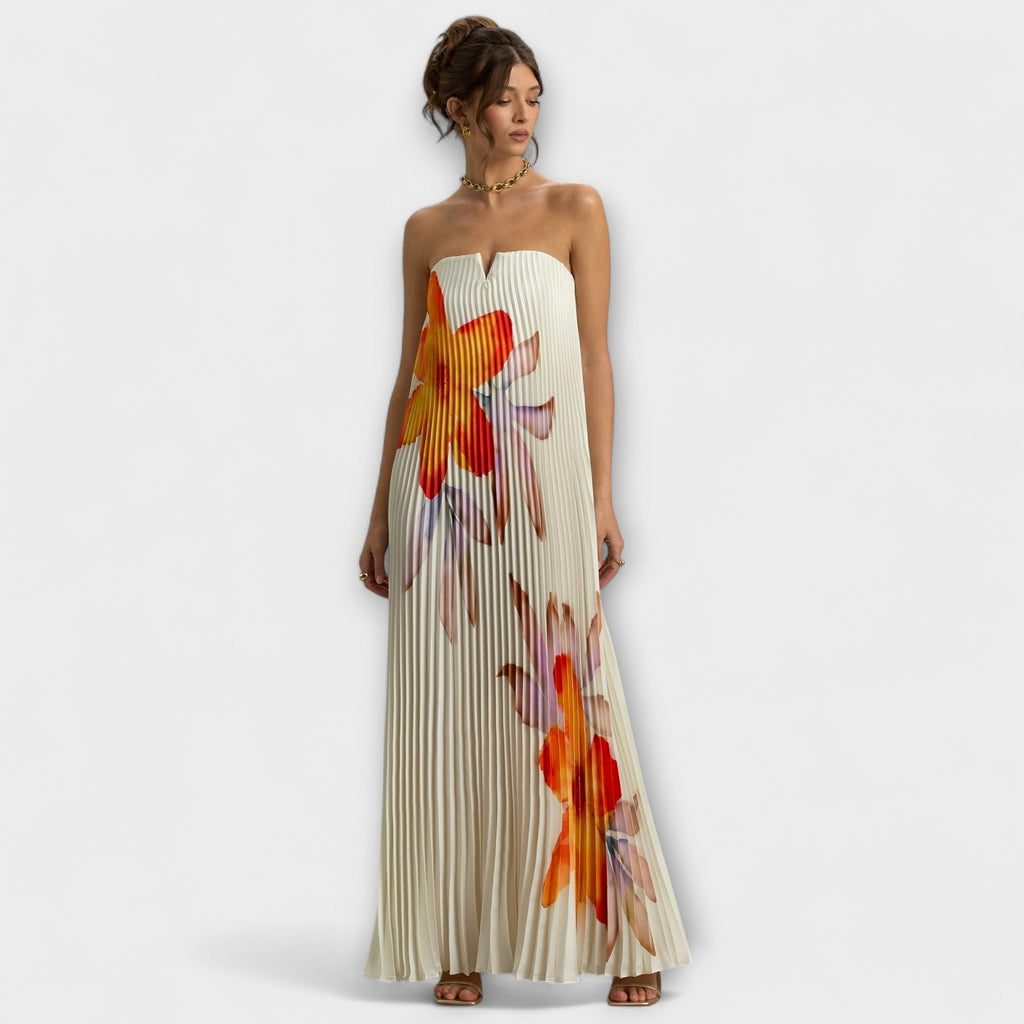 Robe Longue Bustier Plissée avec Corset et Imprimé Floral
