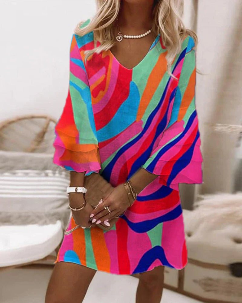 Bertille - Robe Fluide À Manches Cloche Avec Imprimé Multicolore Tendance
