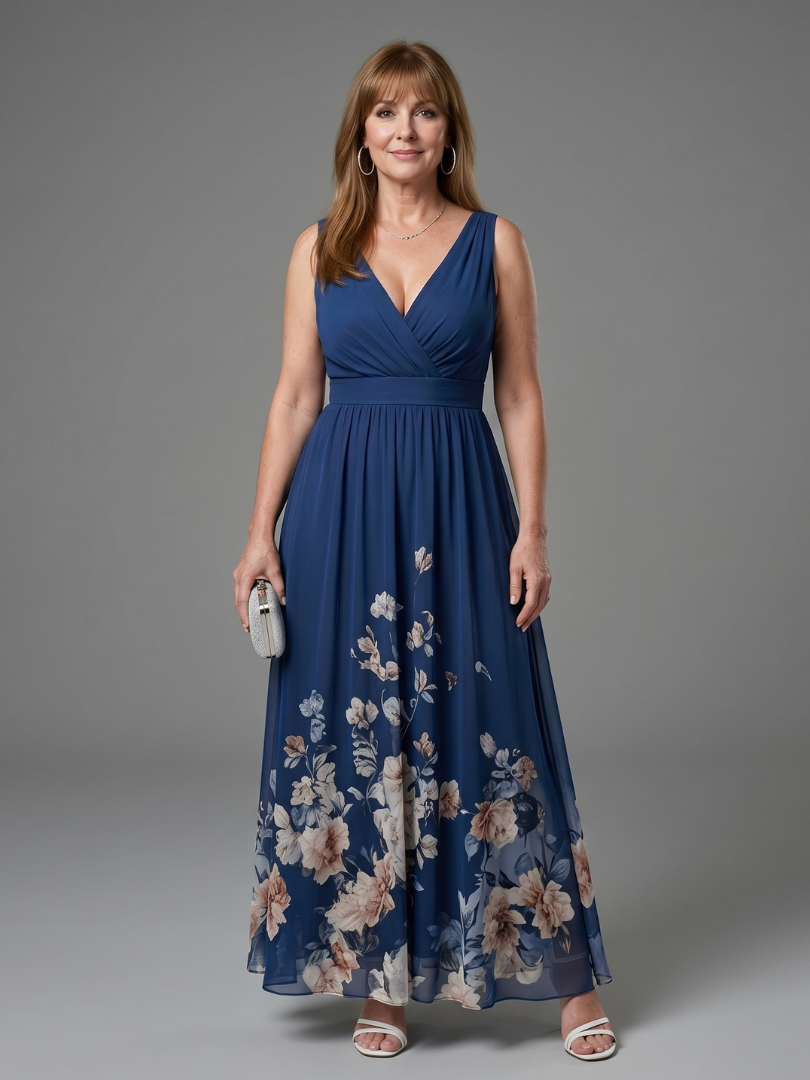 Clarissa | Robe midi sans manches à encolure en V et ourlet floral doux
