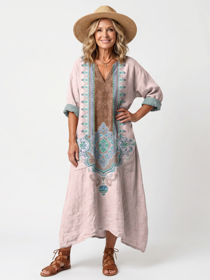 Kenza | Robe Midi Détente avec Panneaux Brodés et Poches