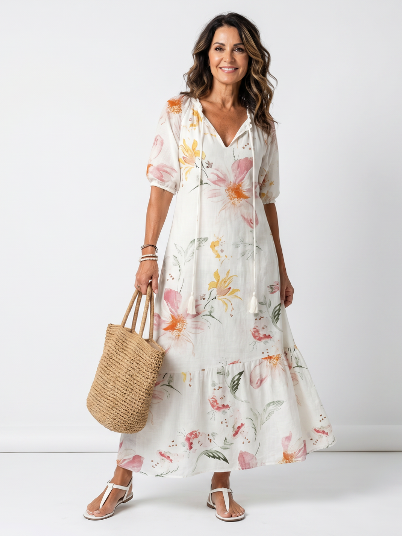 Noa | Robe midi à volants florale douce avec pompons