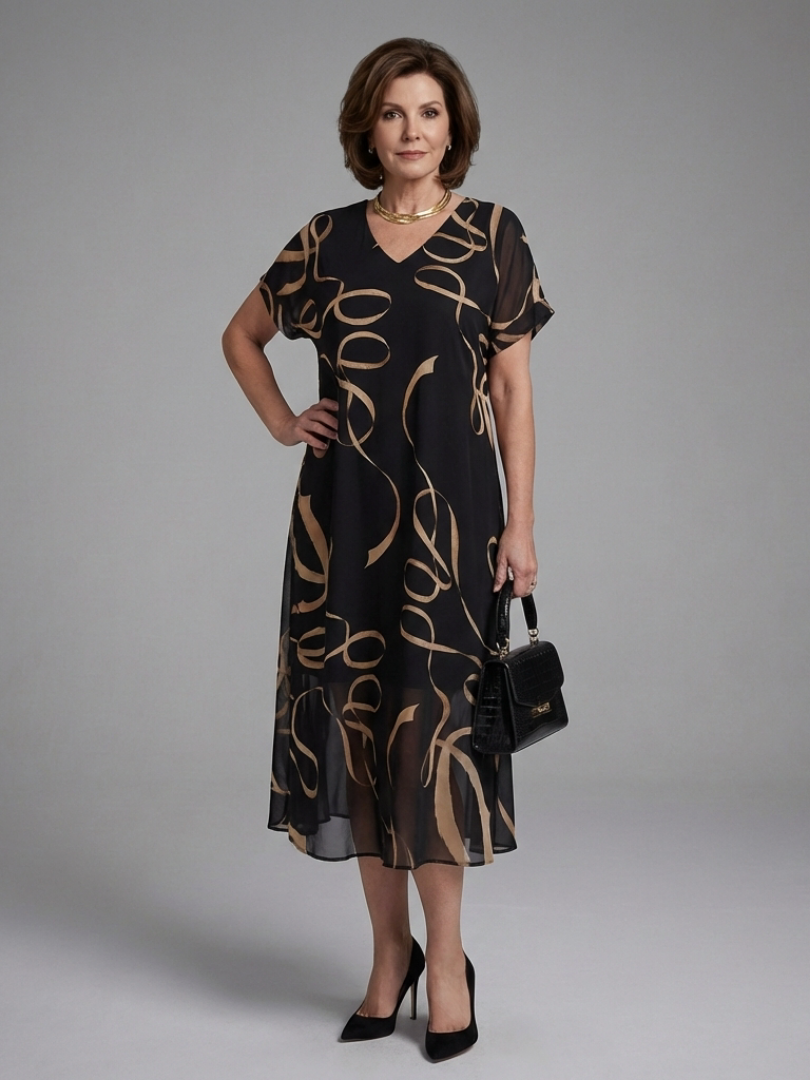 Adria | Robe Midi Abstraite à Manches Courtes