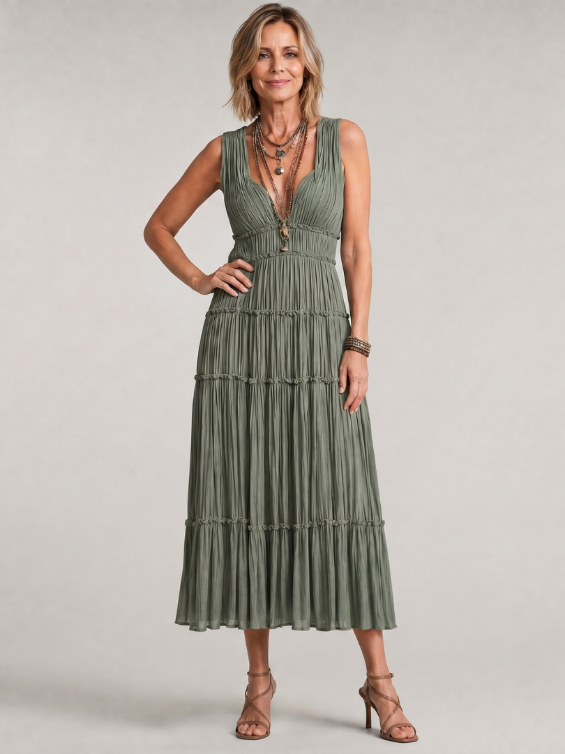 Somala | Robe Midi Plissée Sans Manches à Encolure en V Tiered