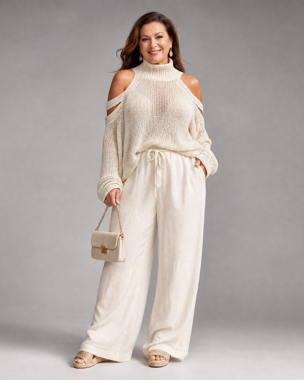 Elamen | Ensemble de pull en tricot à épaule dénudée et pantalon large