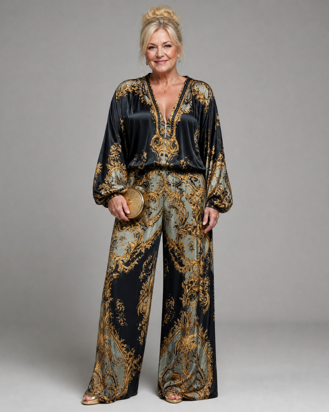Valoria | Ensemble Blouse Imprimé Baroque et Pantalon Large