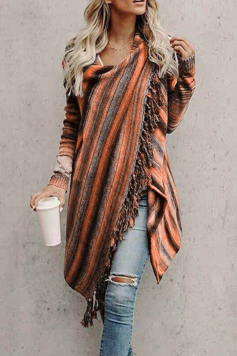 Evialy | Manteau en tricot ample avec franges et motif rayé