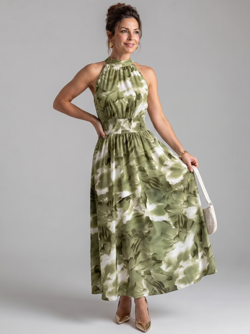 Olivia | Robe Midi à Taille Rassemblée Imprimé Abstrait