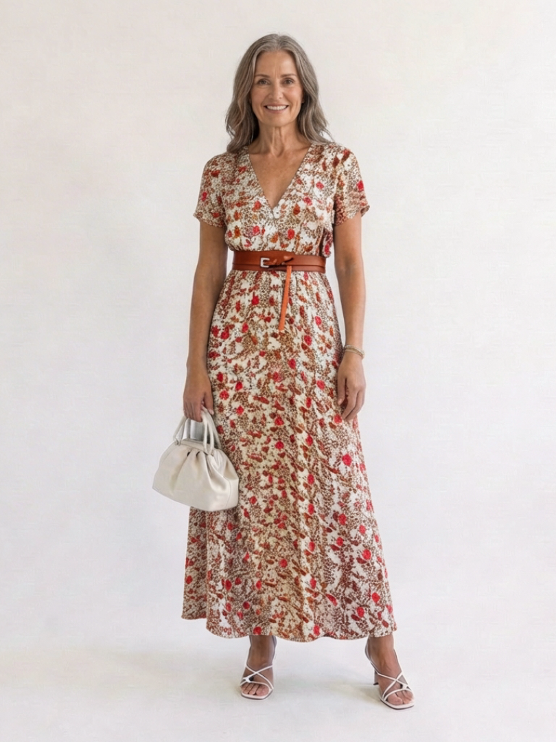 Lyra | Élégante Robe Midi à Fleurs avec Décolleté en V