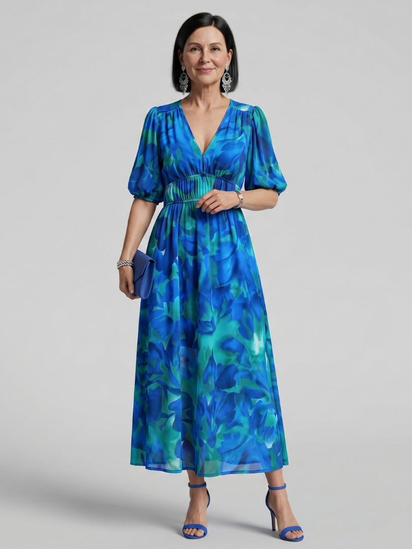 Candlia | Robe Midi Imprimé Abstrait à Manches Bouffantes et Décolleté en V