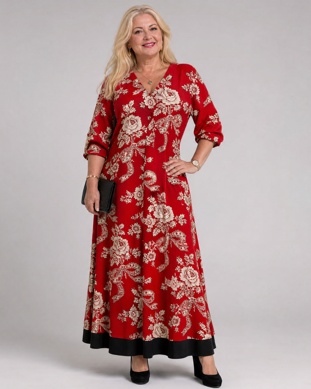Thopal | Robe Midi Relaxée à V Col en Fleurs Vintage