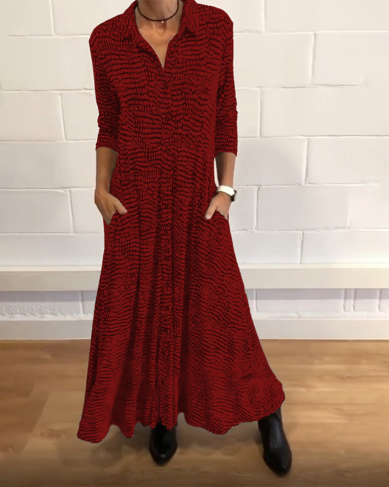 Robe Midi Femme à Manches Mi-Longues, Col Chemise et Poches Latérales