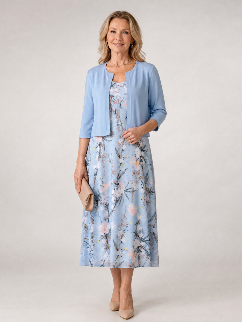 Celeste | Robe midi sans manches avec imprimé floral et veste courte