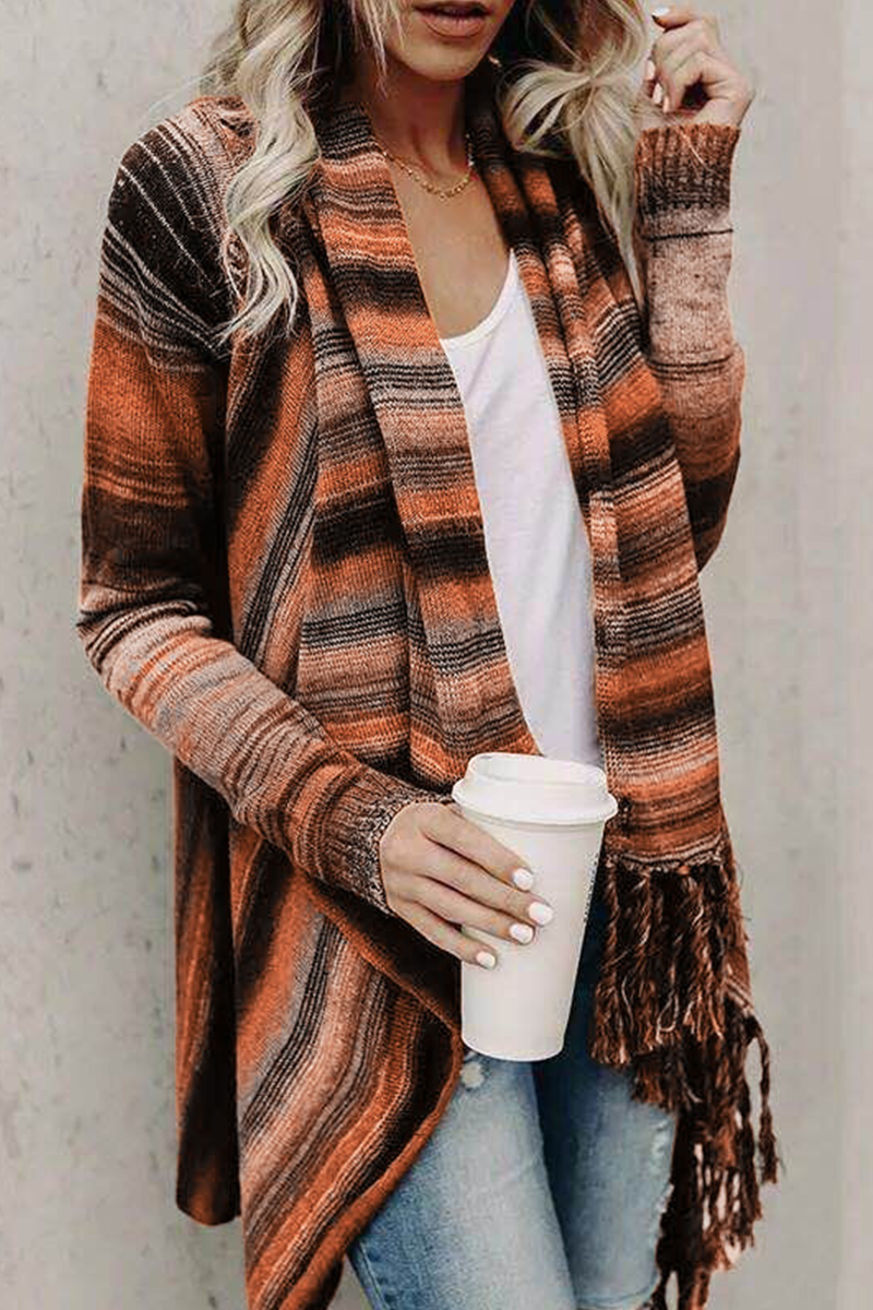 Evialy | Manteau en tricot ample avec franges et motif rayé