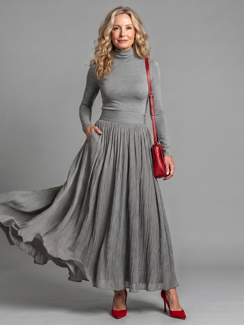 Lana | Robe midi à manches longues et col roulé avec taille définie
