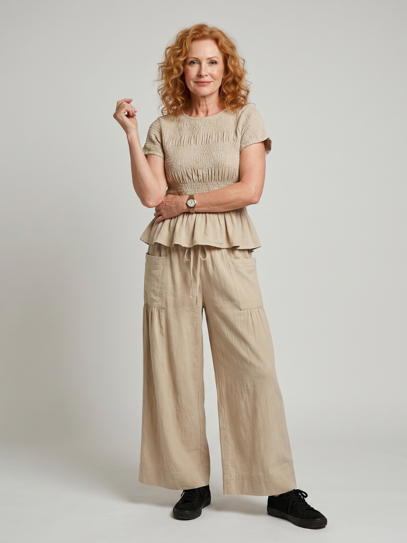 Eirenne | Haut Smocké Détail Peplum Et Ensemble Pantalon Large