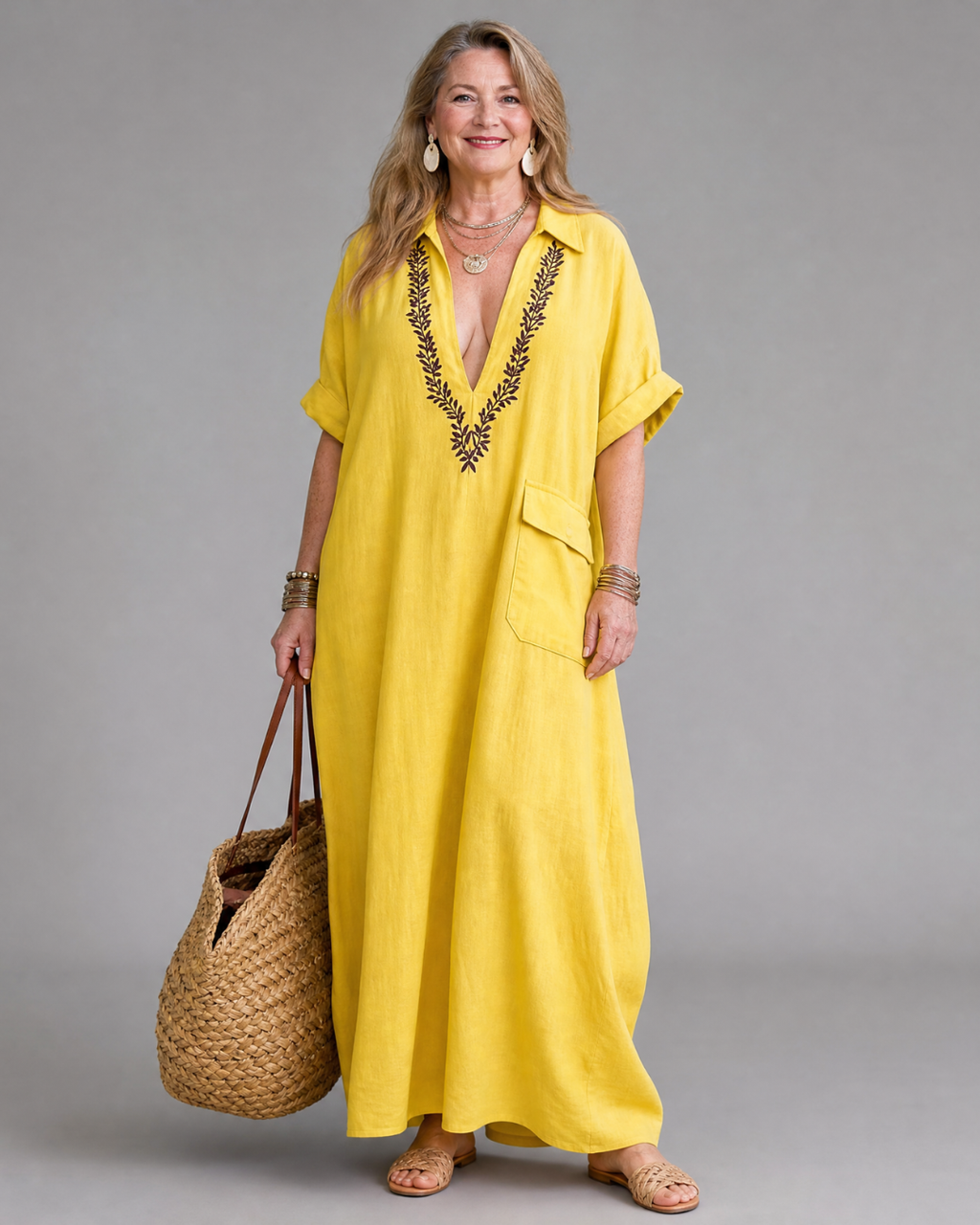 Elakeja | Robe midi décontractée à col en V brodé et détail de poche